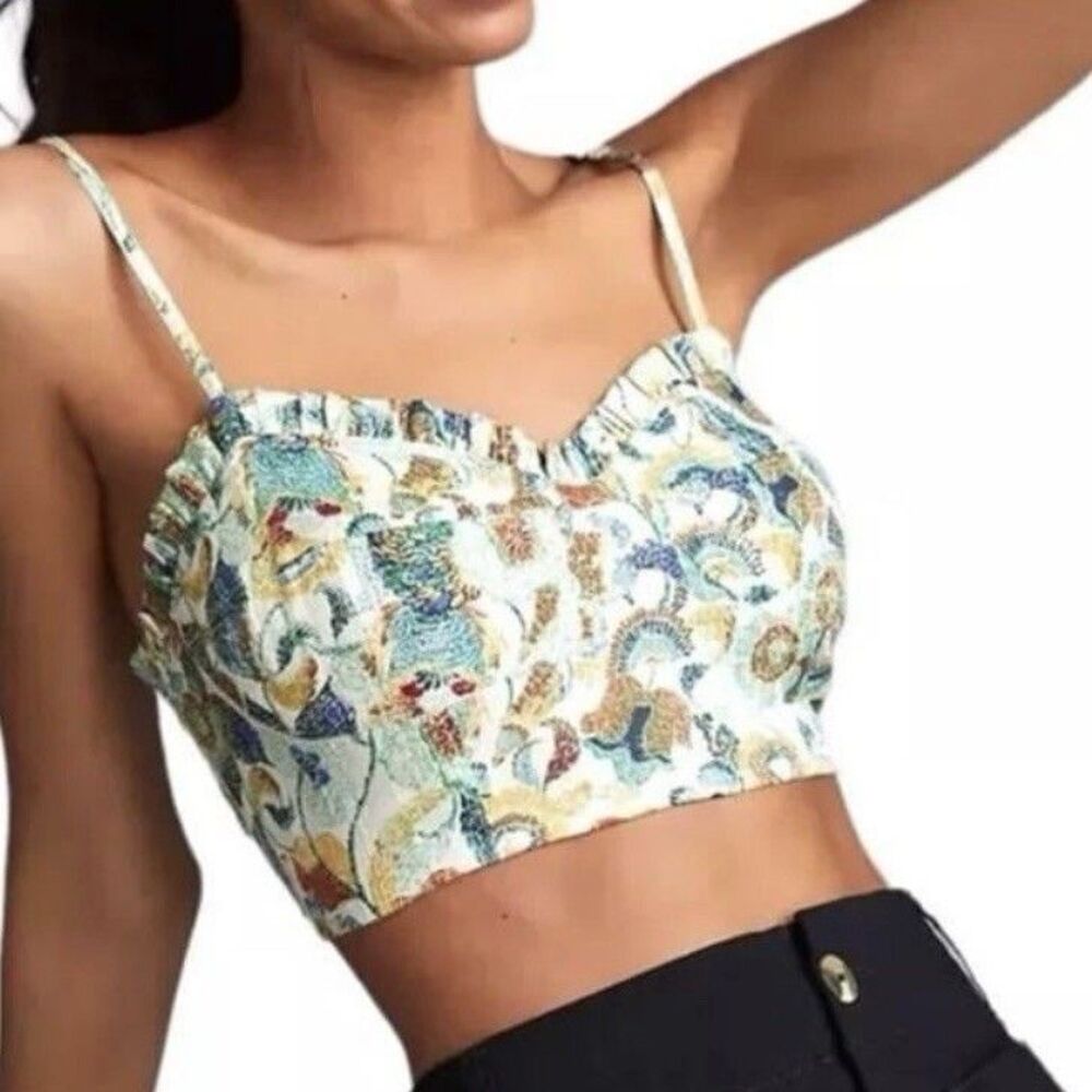 ANTHROPOLOGIE Twist Crop Top Smocked Floral Print Bustier Blue Green Size Small